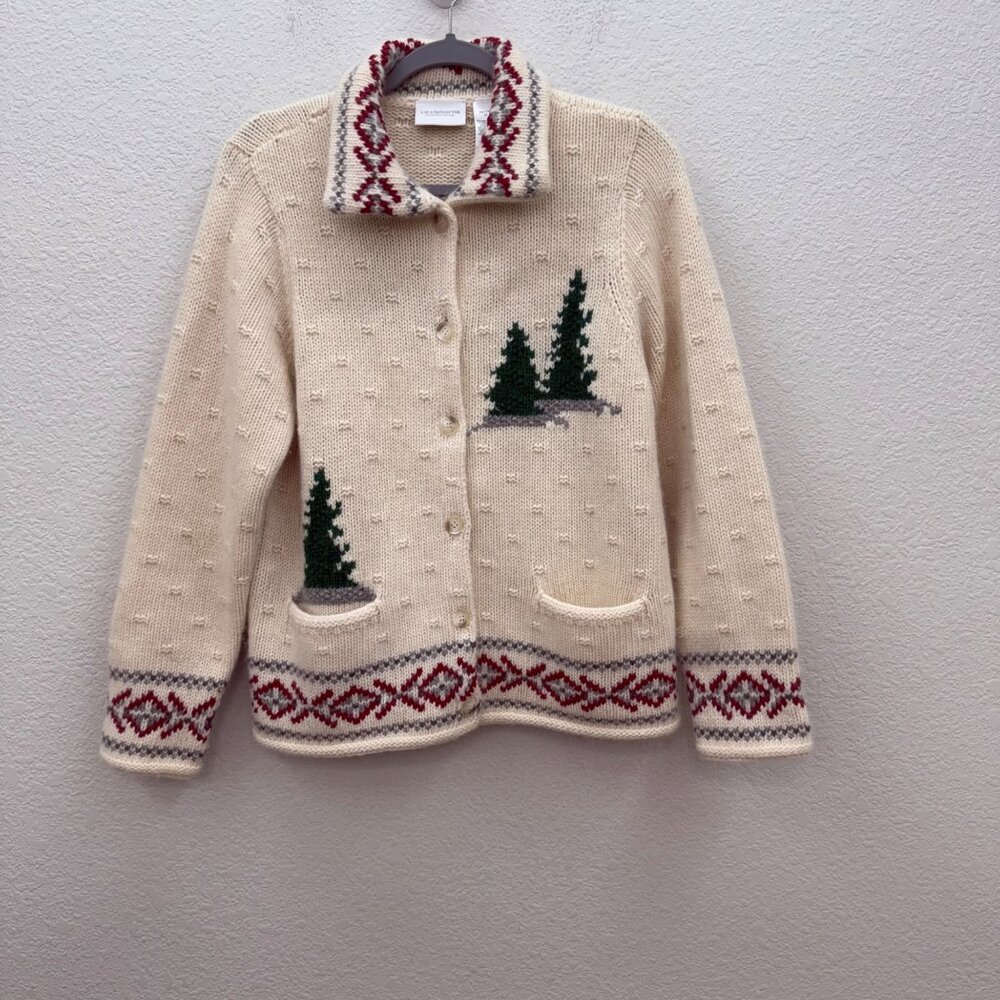 Liz Claiborne Tree Wool Knit Button Up Cardigan Sweater Womens sz Petite Medium